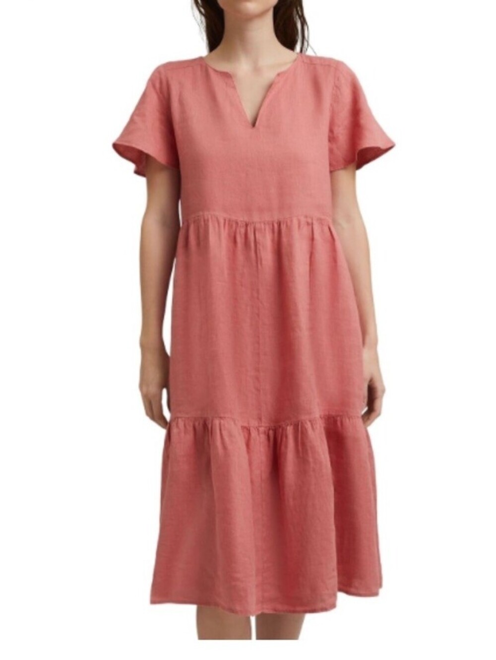 edc by Esprit Women's Coral Tiered Linen A-Line  Dress Relaxed Lagenlook Size S.